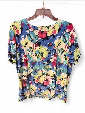 JM Collection Vibrant Floral Short-Sleeve Crew Top - Blue, Yellow, Pink